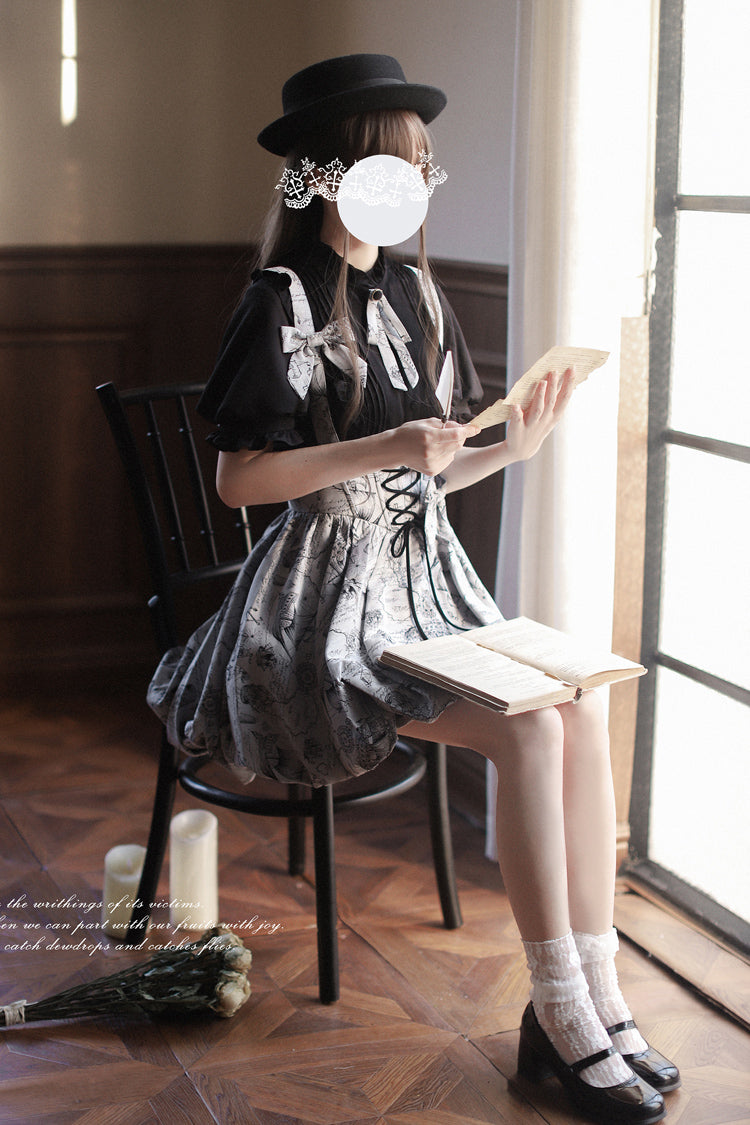 Grey [Elise] Print Bowknot Lace-Up Sweet Vintage Lolita Skirt