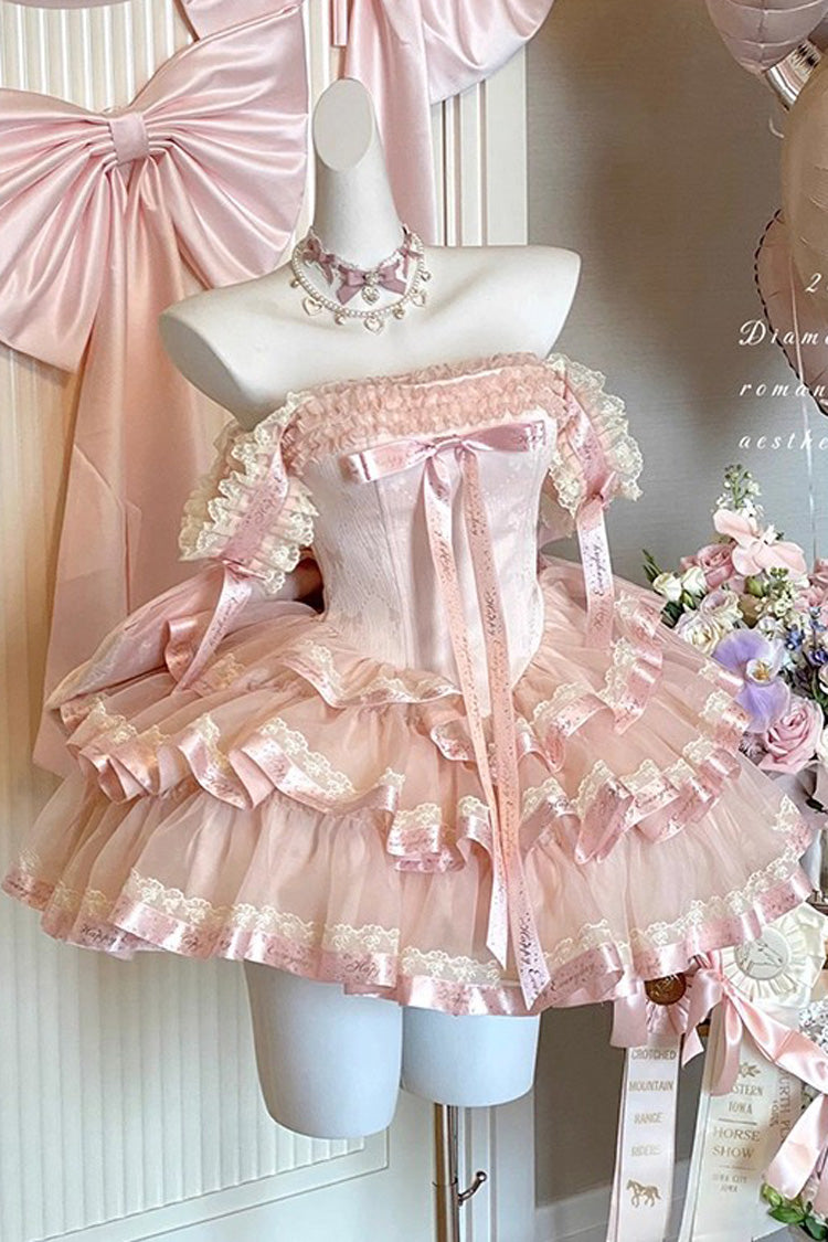 Pink [Princess Ribbon] Off Shoulder Triple-Layered Ruffle Bowknot Sweet Lolita Dress