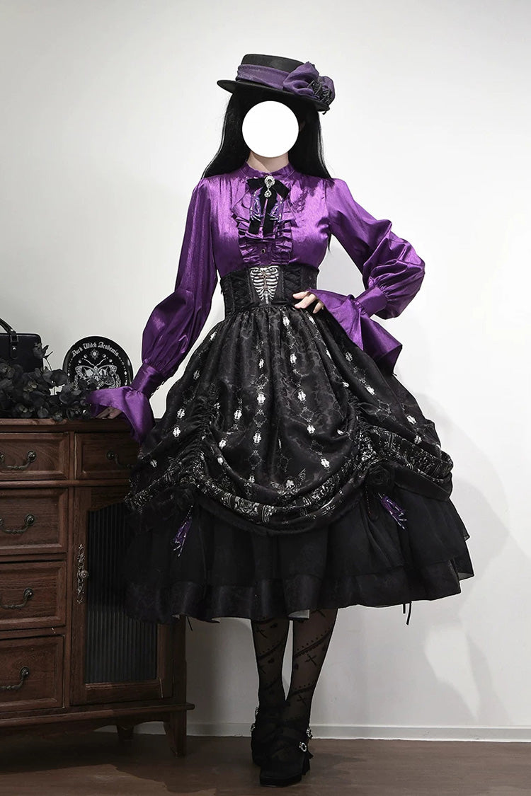 Schwarzer [Moonlit Return] bedruckter, eleganter Gothic-Lolita-Rock mit Knochen