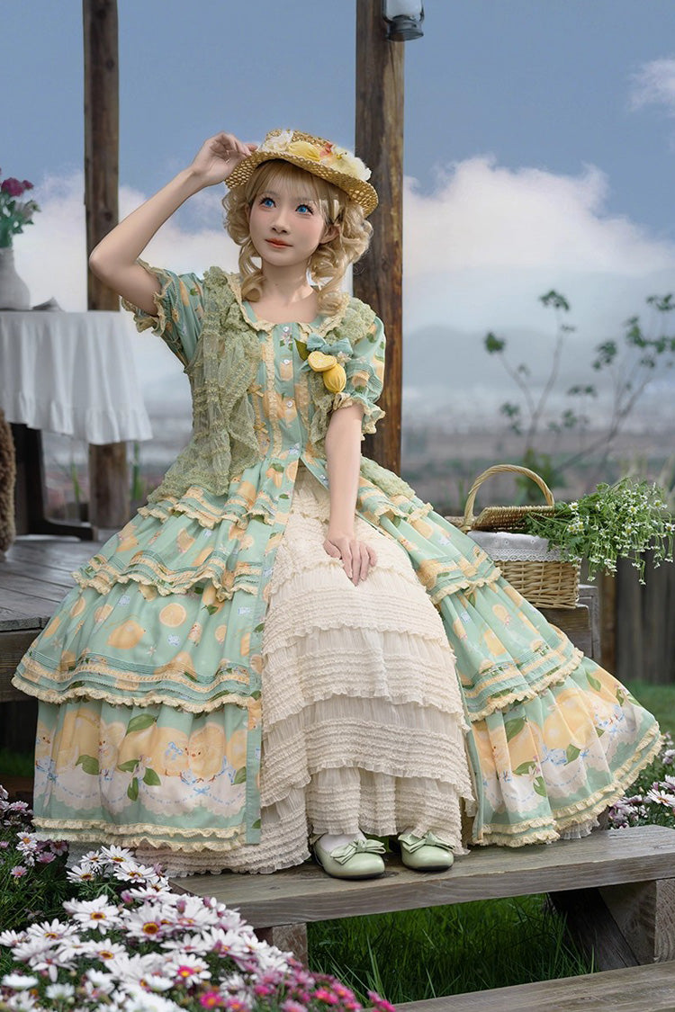 Green [Lemon Chicken] Short Sleeves Triple-Layered Print Ruffle Bowknot Lace Sweet Gorgeous Lolita Dress