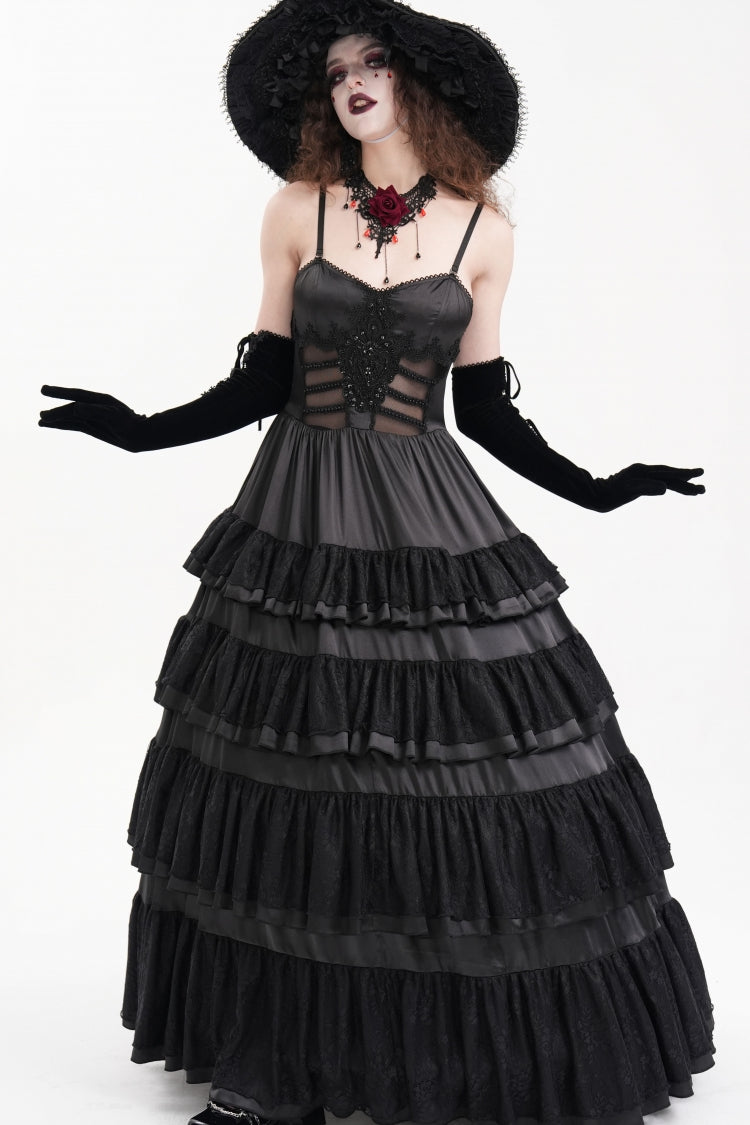 Black Multi-Layered Ruffle Lace-Up Mesh Women's Gothic Dress