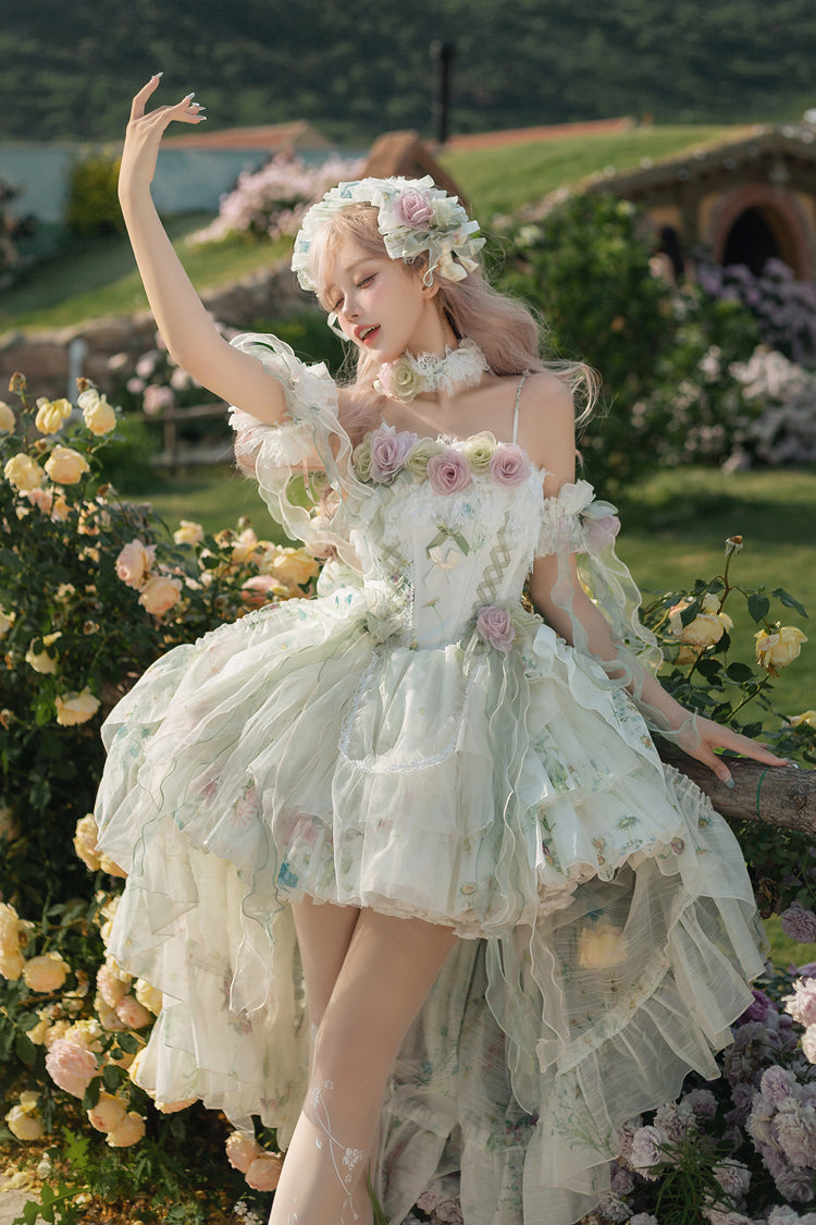 Green [Spring Rose] Sleeveless Multi-Layered Bowknot Lace-Up Fishbone Sweet Lolita Jsk Dress