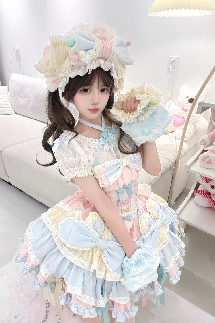 Multi-Color [Ribbon Dance] Multi-Layered Ruffle Bowknot Lace-Up Sweet Princess Lolita Dress