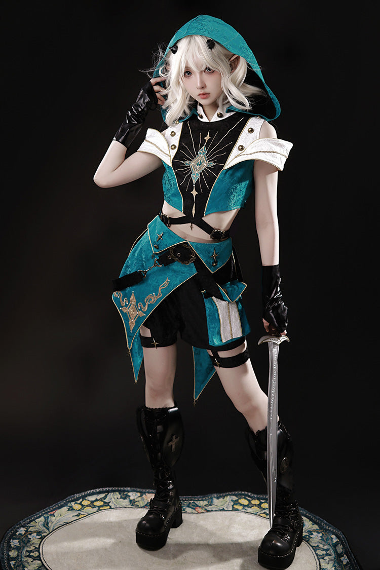 Blue/Green [Traveler’s Outfit] Print Embroidery Hooded Ouji Fashion Sweet Handsome Lolita Set