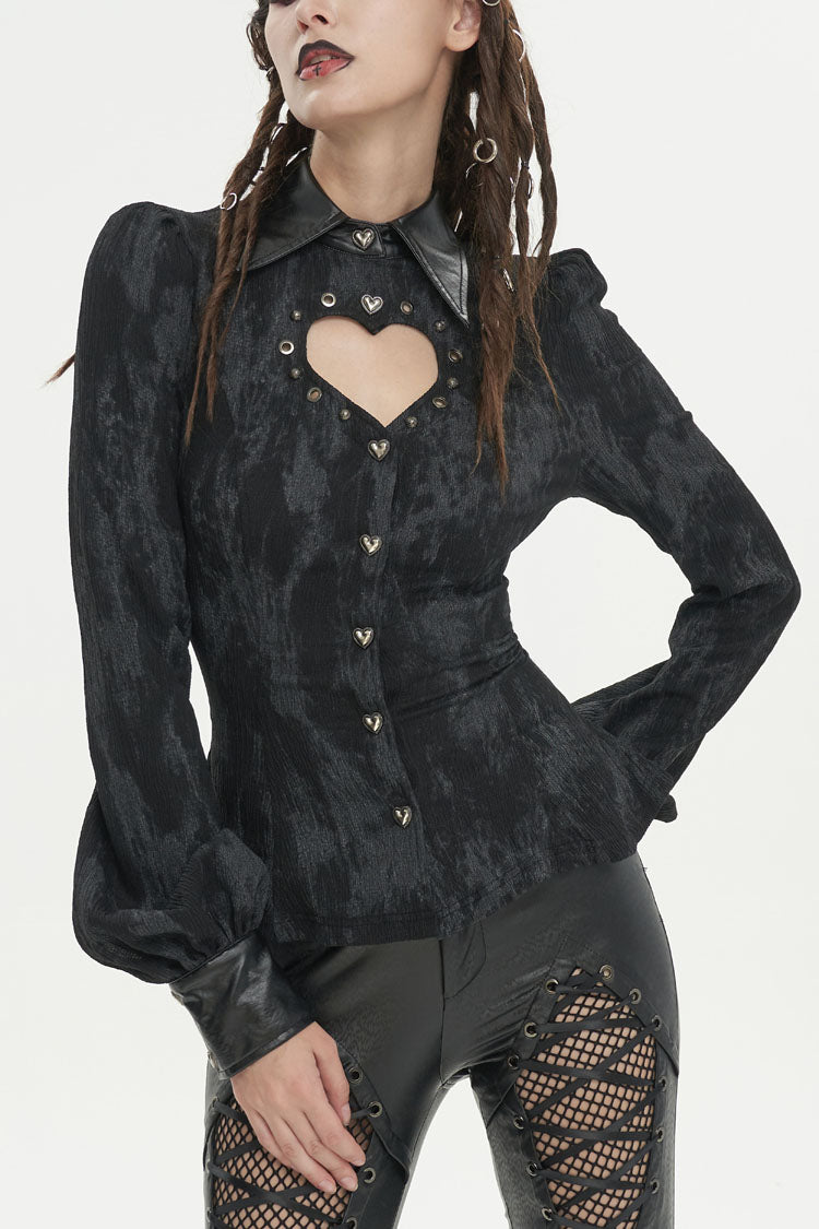 Black Leather lapel Heart Cutout Puff Sleeved Women's Gothic Shirt