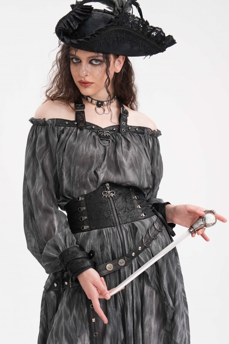 Graue Neckholder-Bluse mit Schnalle und langen Ärmeln für Damen im Gothic-Stil