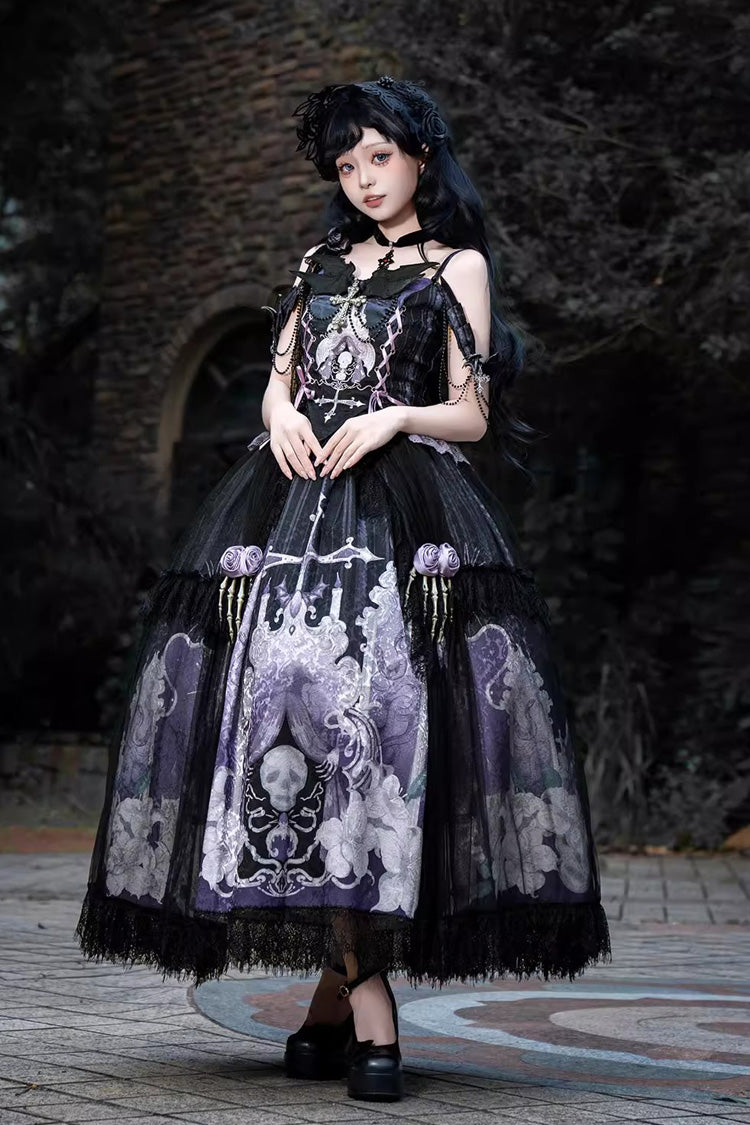 Black/Blue [Skull Magic] Print Ruffle Bowknot Gothic Elegant Lolita Skirt Two-Piece Set