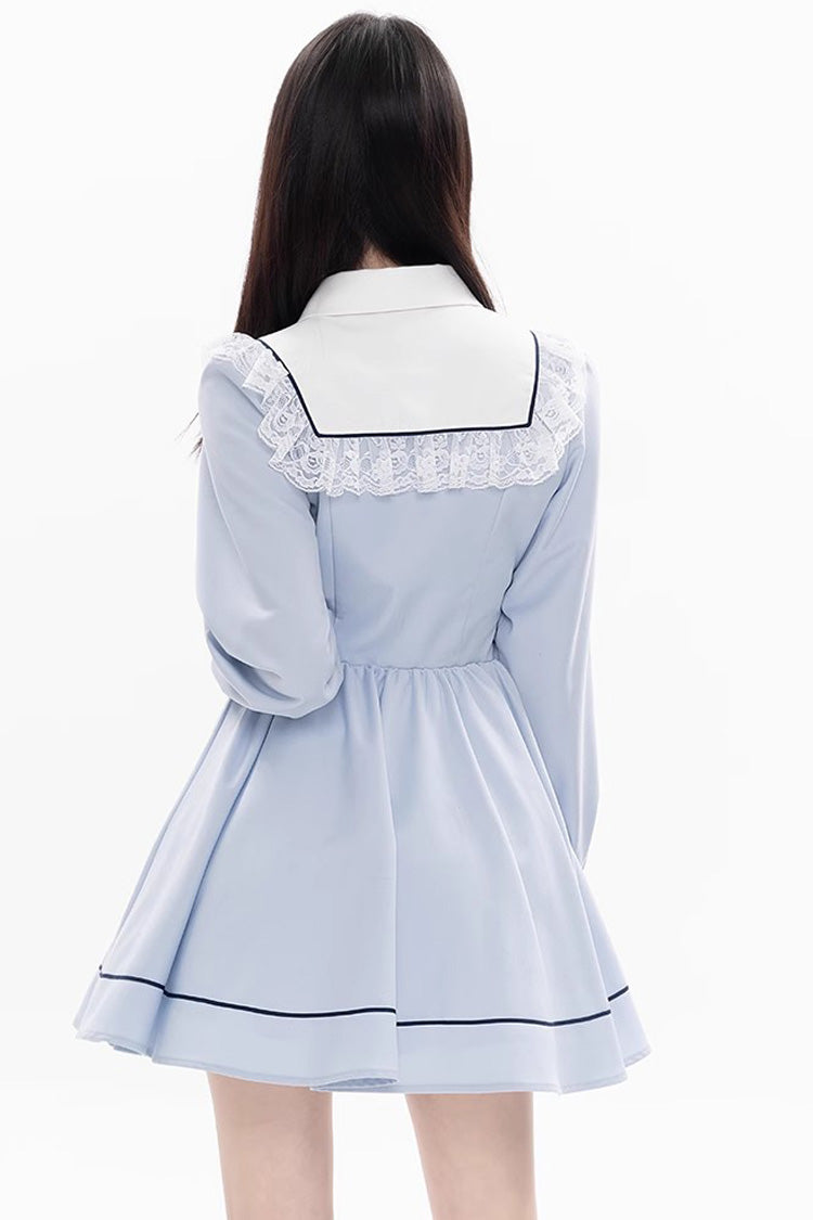 Blue Lapel Collar Long Sleeves Bowknot Lace-Up Jirai Kei Dress