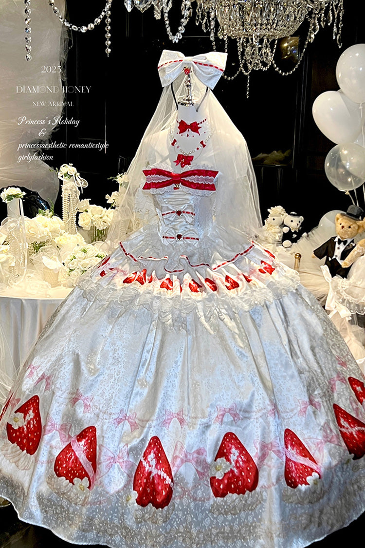 White [True Love Strawberry] Print Off Shoulder Sleeveless Ruffle Bowknot Lace Sweet Princess Lolita Dress Set