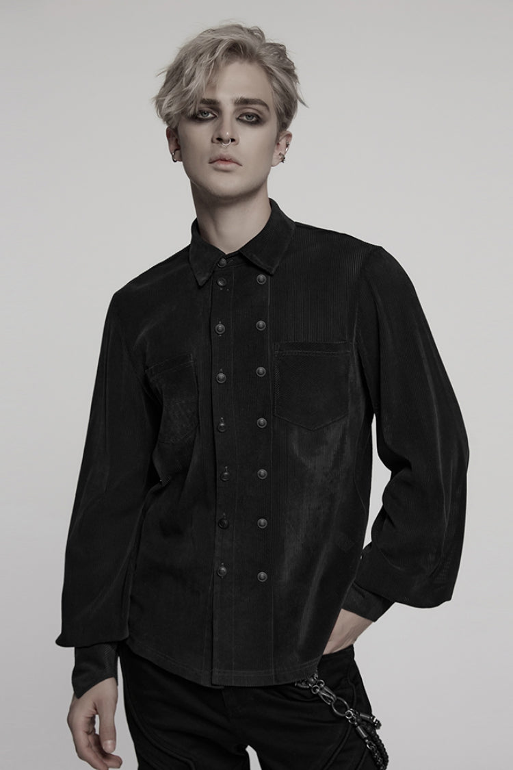 Schwarze zweireihige Herrenbluse mit langen Puffärmeln im Gothic-Stil 