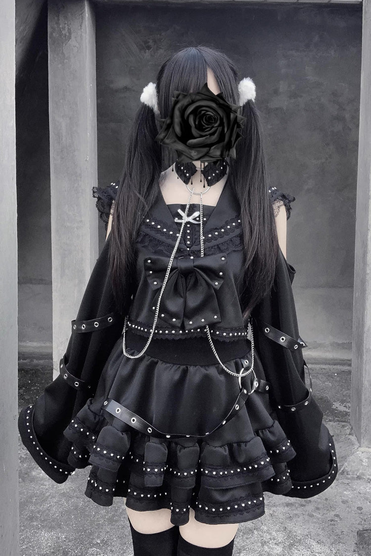 ピンク【Serpent Devour】ネイビー衿長袖フリルリボンスタッズゴシックジライ系トップス＆スカートセット