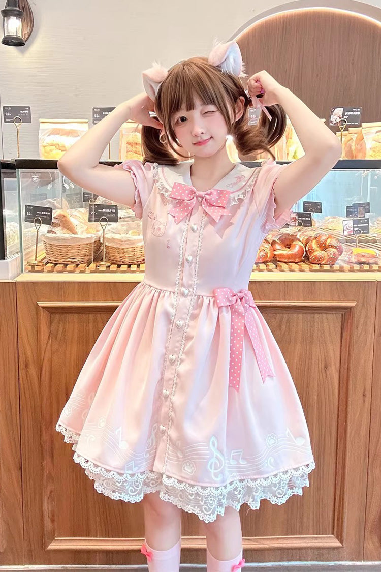 ピンク【メロディキティ】ドール襟半袖フリル刺繍リボンレース甘ロリータドレス