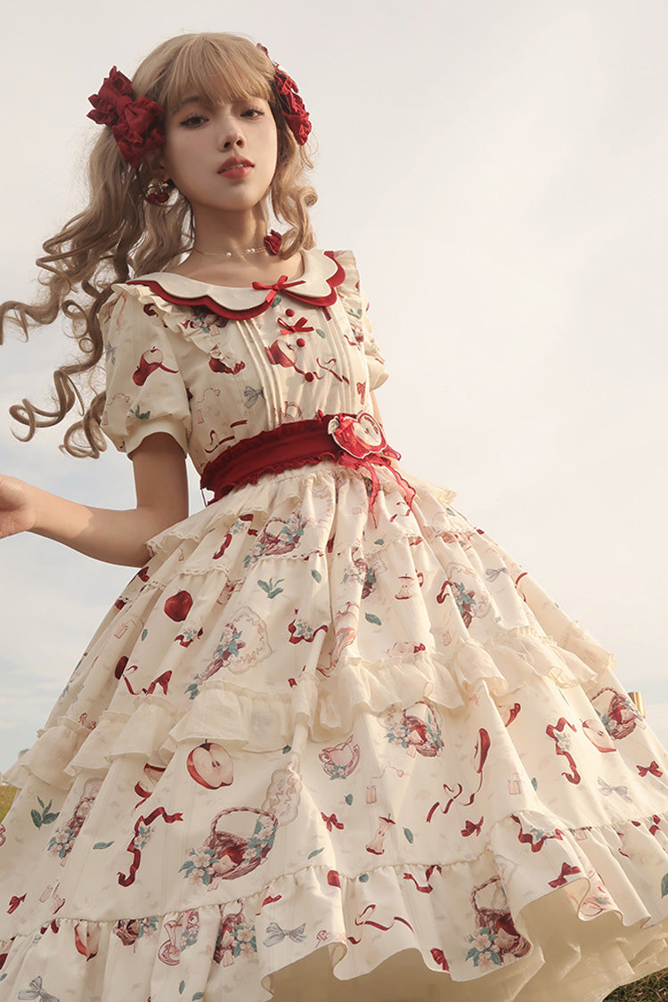 White Apple Tea Print Short Sleeves Country Style Ruffle Bowknot Sweet Lolita Dress