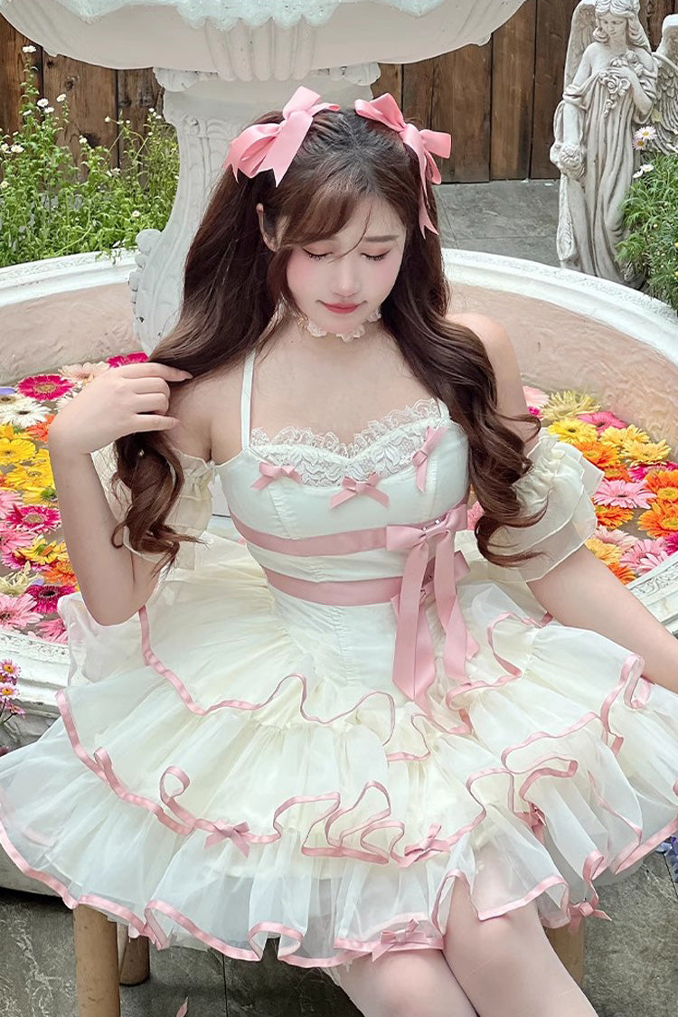 Pink/Beige Ballerina Style Bowknot Slim Fluffy Princess Sweet Lolita Tiered Dress
