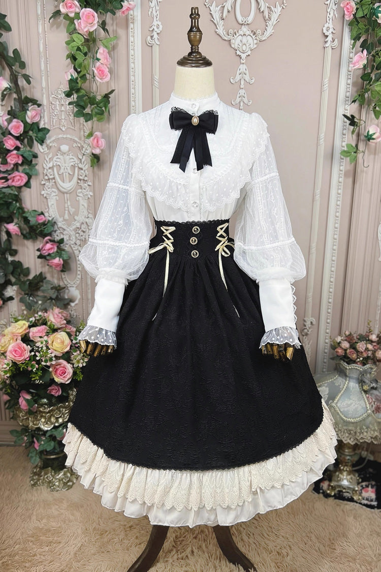 Black [Heart of Rose] High Waisted Ruffle Embroidery Lace-Up Sweet Vintage Elegant Palace Lolita Skirt