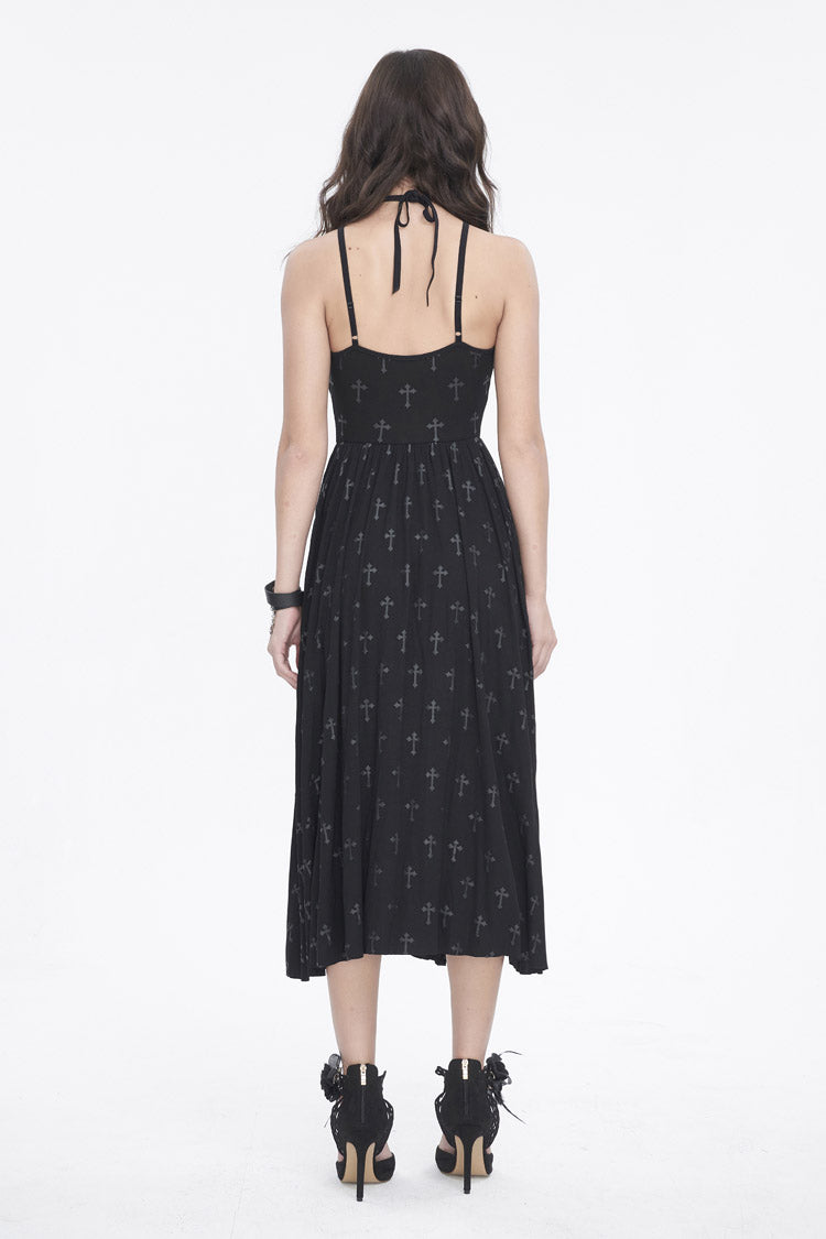 Black Print Strappy Split Womens Gothic Dress