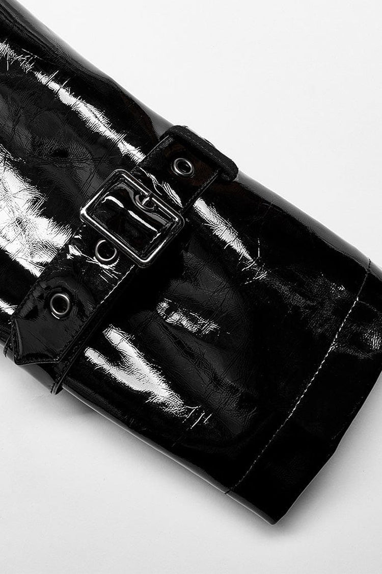 Black Dual Stand Collar Metal Buckle Patent Leather Stitching Mens Steampunk Coat