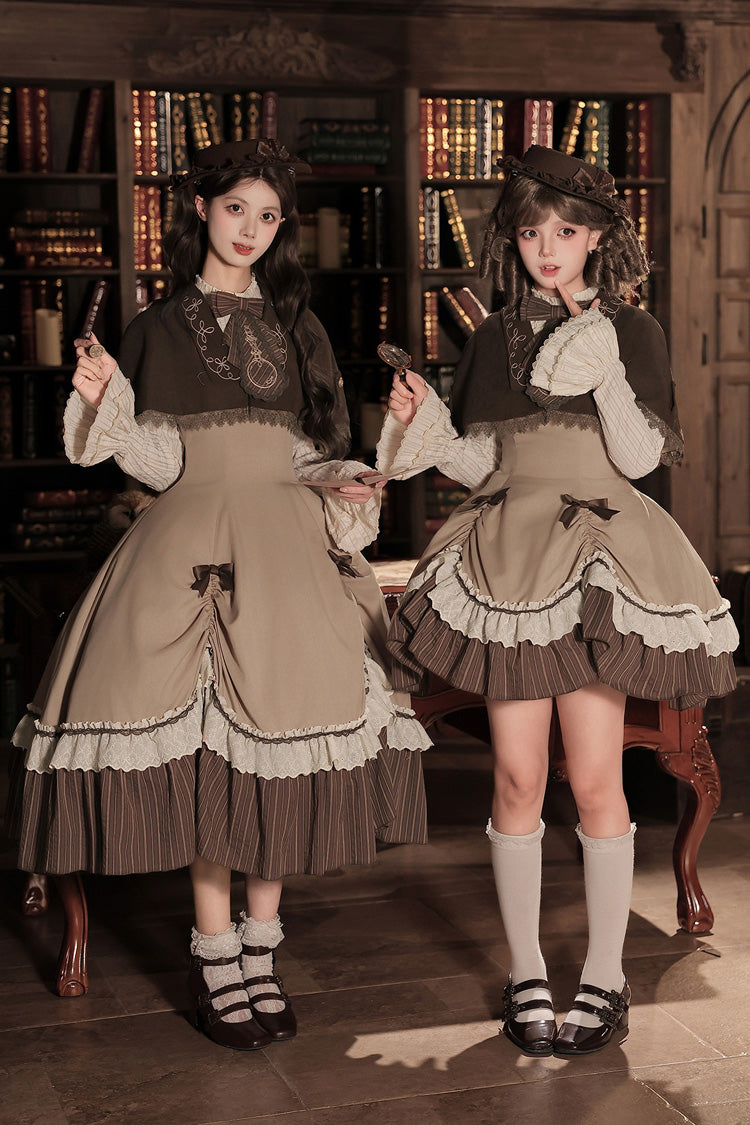 Apricot/Khaki/Brown [Doctrine of Truth] Detective Academy Stand Collar Long Sleeves Printed Ruffled Bow Faux Two-Piece Lifted Hem Color-Block Sweet Preppy Style Lolita Dress 2 Versions