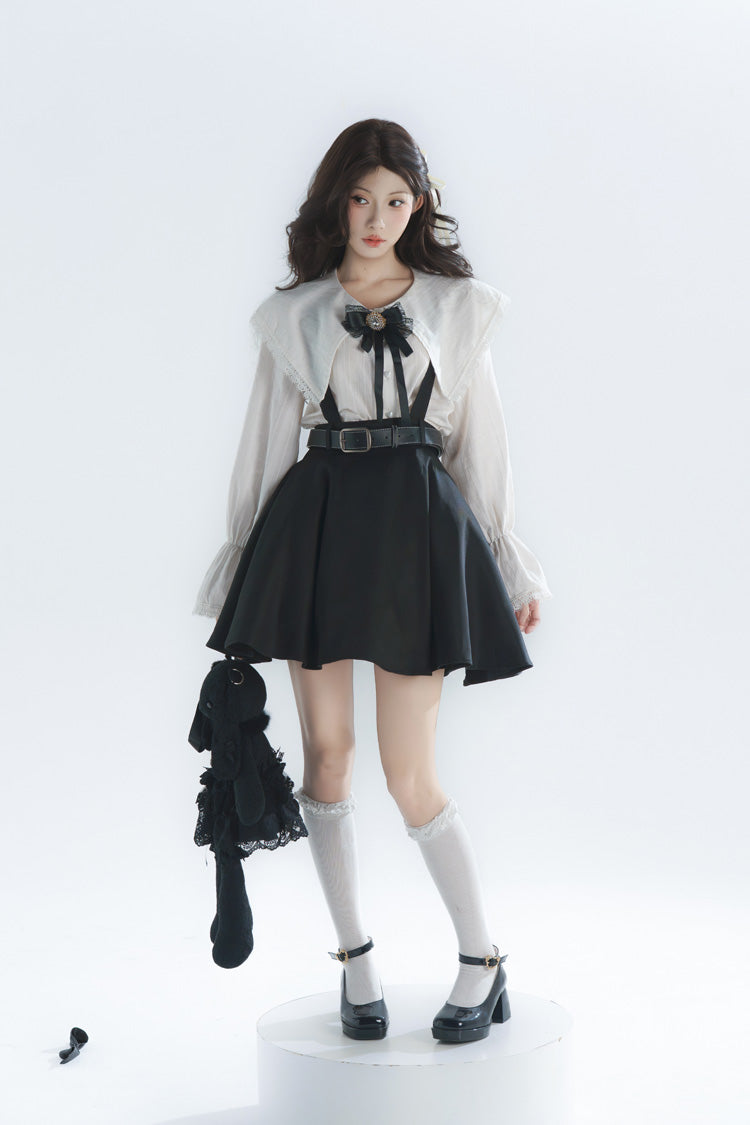 Black/White Lapel Collar Long Sleeves Ruffled Bow Classic Lolita Strap Dress Set