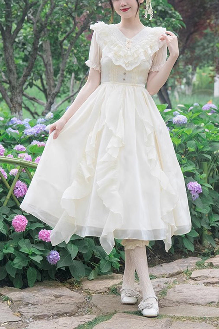 White V-Neck Lace Cla Daily Short Puff Sleeves Sweet Lolita Dress