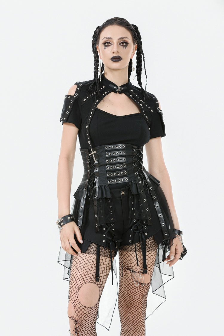Jupe punk noire taille haute à lacets en maille haute/basse pour femmes