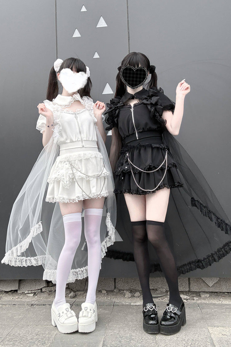 [Lied der Versöhnung] Kurze Ärmel, doppellagige Spitze, mit Reißverschluss und Kette verziert, Gothic-Jirai-Kei-japanischer Rock-Set, 2 Farben