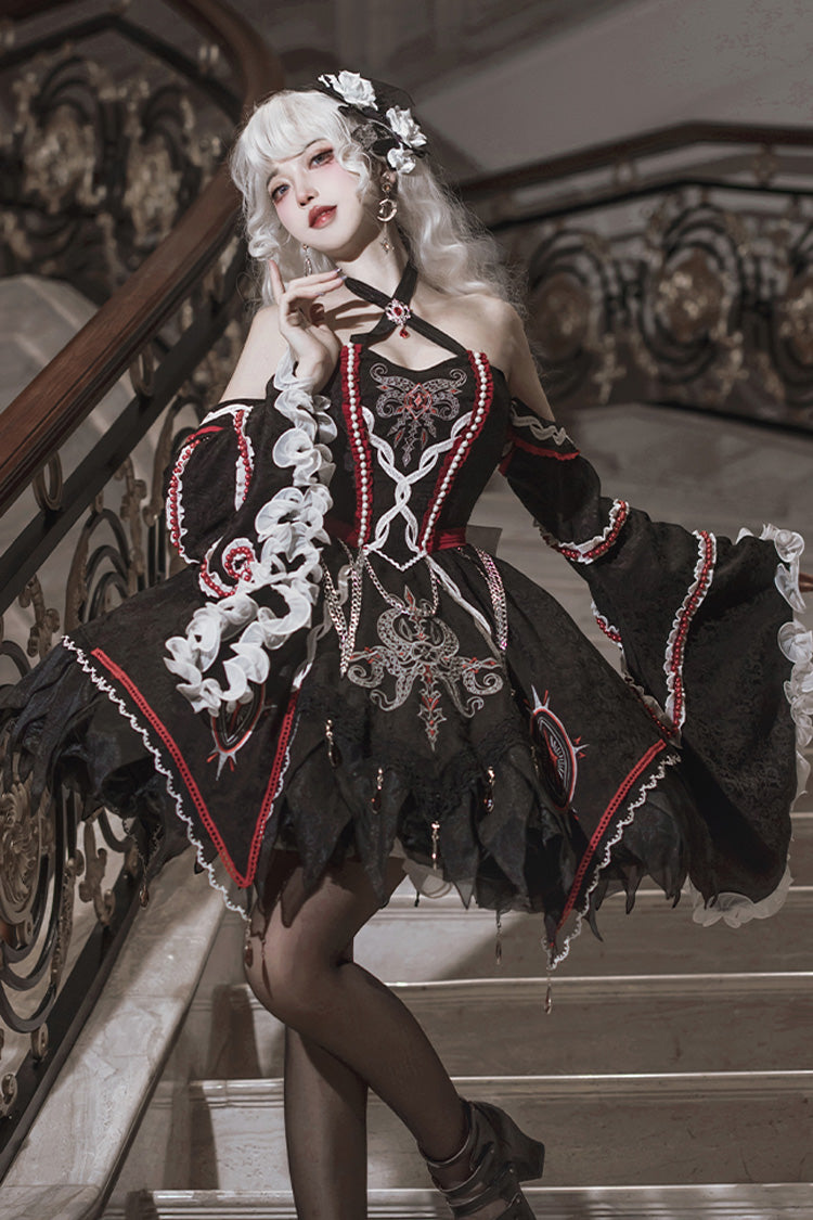Black [Phantom Devourer] Off Shoulder Long Hime Sleeves Print Embroidery Gothic Lolita Dress