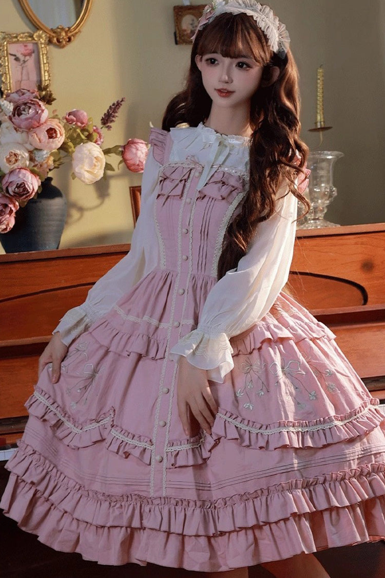 Pink Pastoral Style Double-Layered Ruffle Embroidery Sweet Lolita Jsk Dress