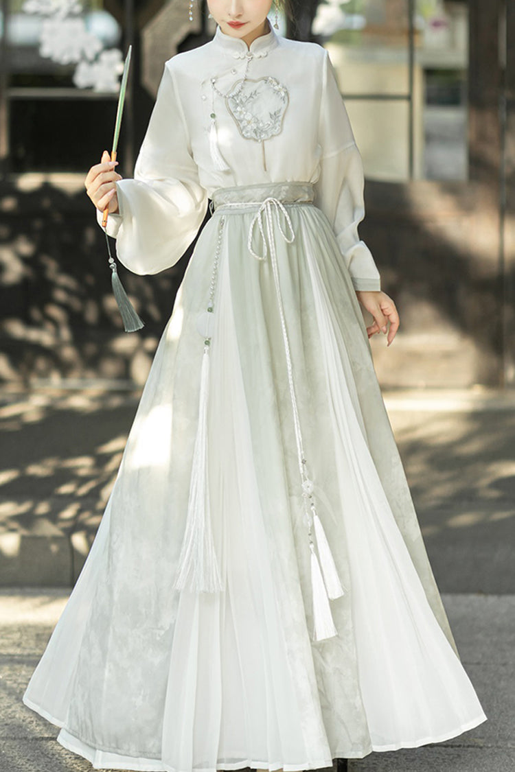 Grünes Stehkragen-Laternenärmel-Set mit hoher Taille und Stickerei, süßer Hanfu-Rock und Bluse im chinesischen Stil