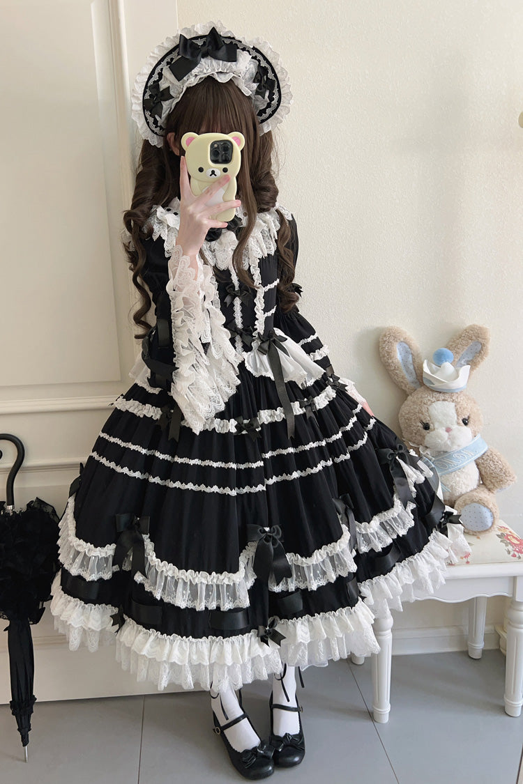 Schwarzes Kleid mit rundem Kragen, langen Trompetenärmeln, Hanayome-Schleife, Spitze, tägliches süßes elegantes Prinzessin-Lolita-Kleid 