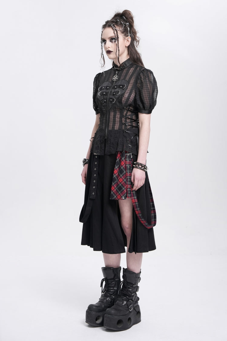 Black Stand Collar Short Puff Sleeves Sheer Mesh Women's Gothic Blouse