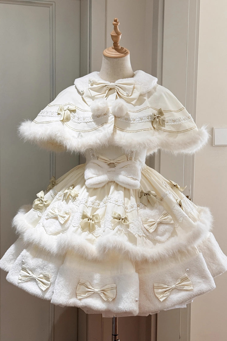 Aprikose [Hören Sie sich Winterwünsche an] Doppellagiges Schleifenband Spitze Süße Prinzessin Wunderschönes Lolita Stufenkleid mit Umhang 