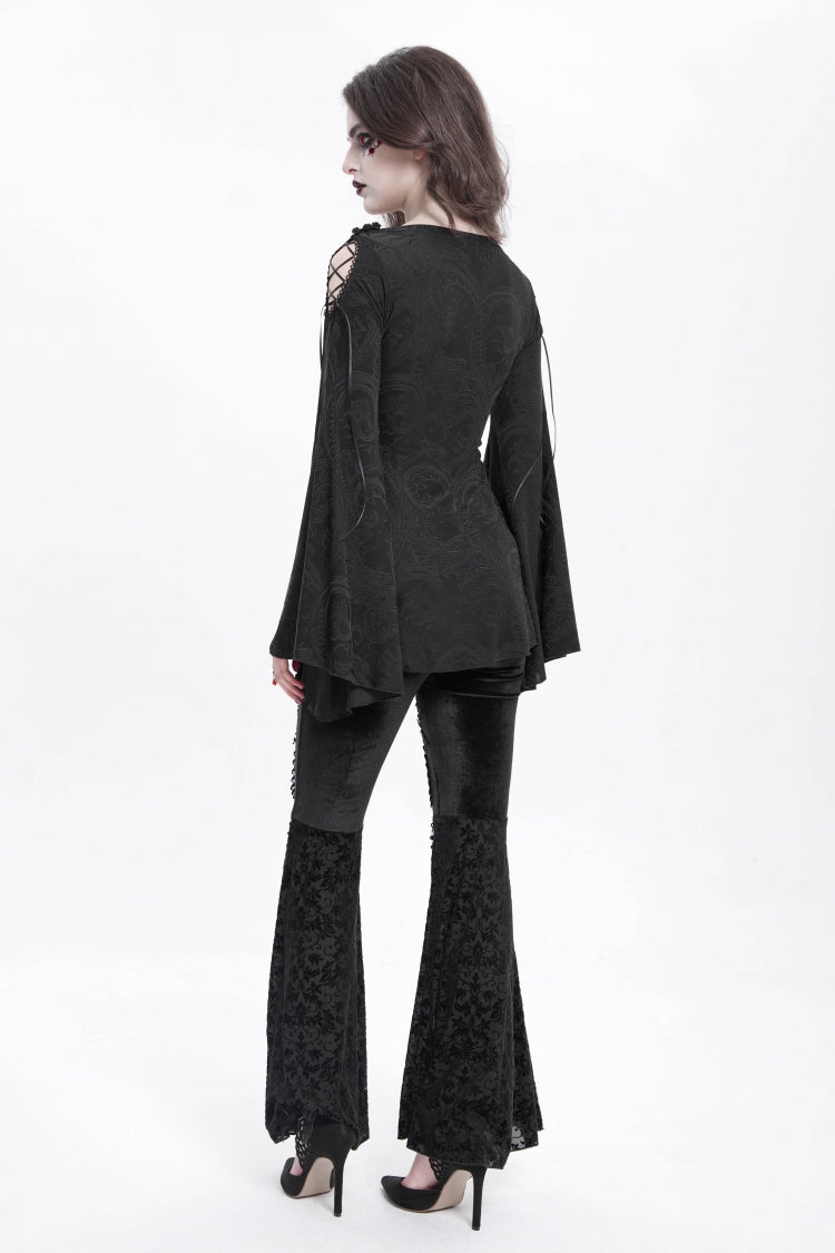 Black Long Trumpet Sleeves Print Embroidery Women's Gothic Blouse