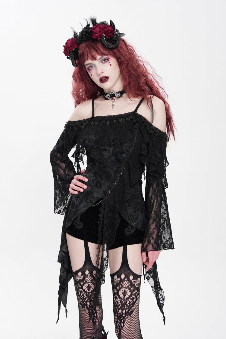 Black Off Shoulder Long Trumpet Sleeves Ruffle Women's Gothic Slip Blouse