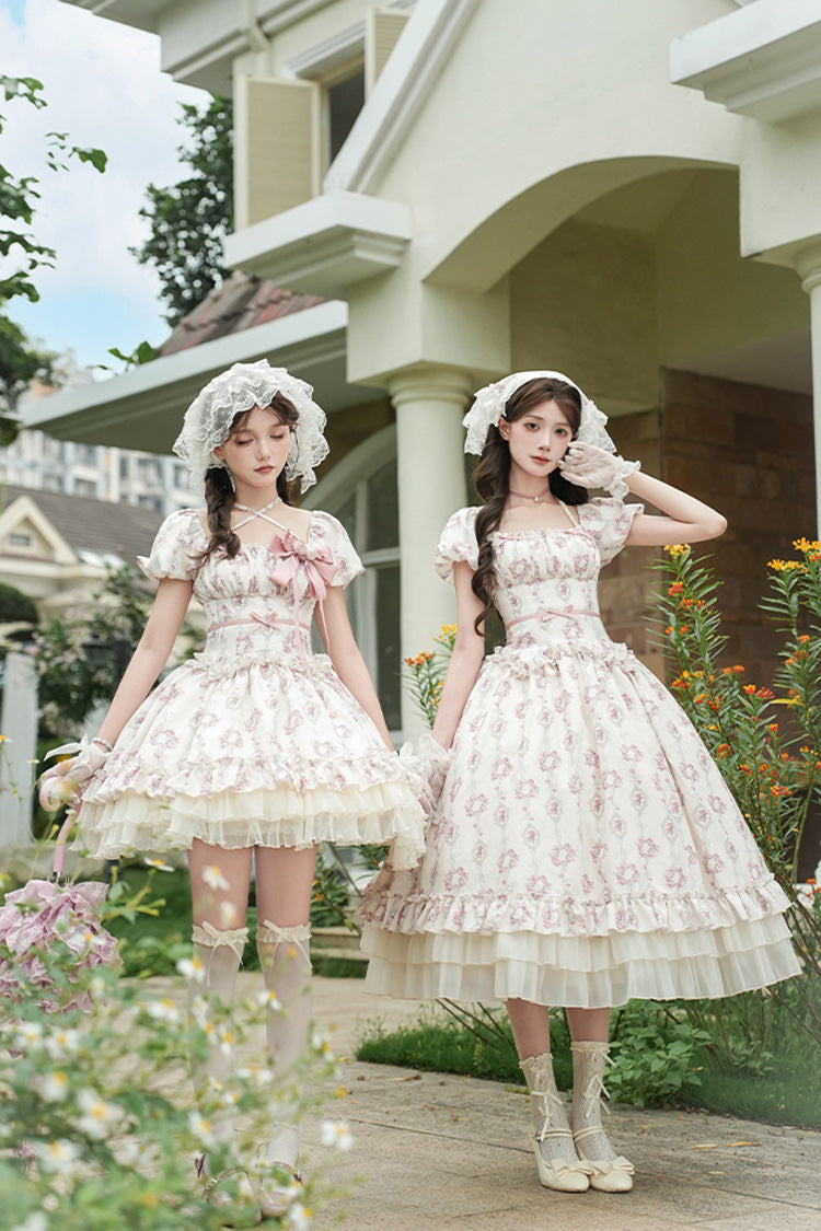 Robe courte Lolita douce à manches courtes ivoire [Rose après la pluie] à imprimé triple couche avec nœud à volants et lacets 