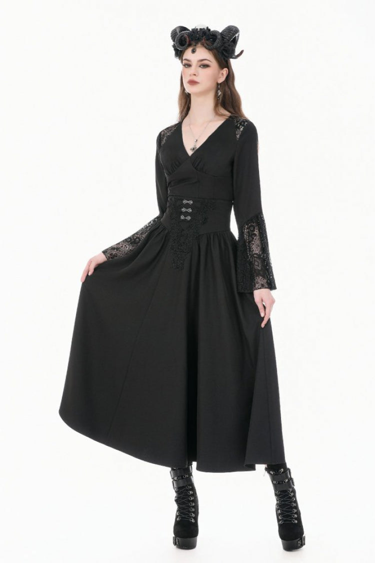 Black Women's Gothic High Waisted Embroidered Gathered Maxi Skirt