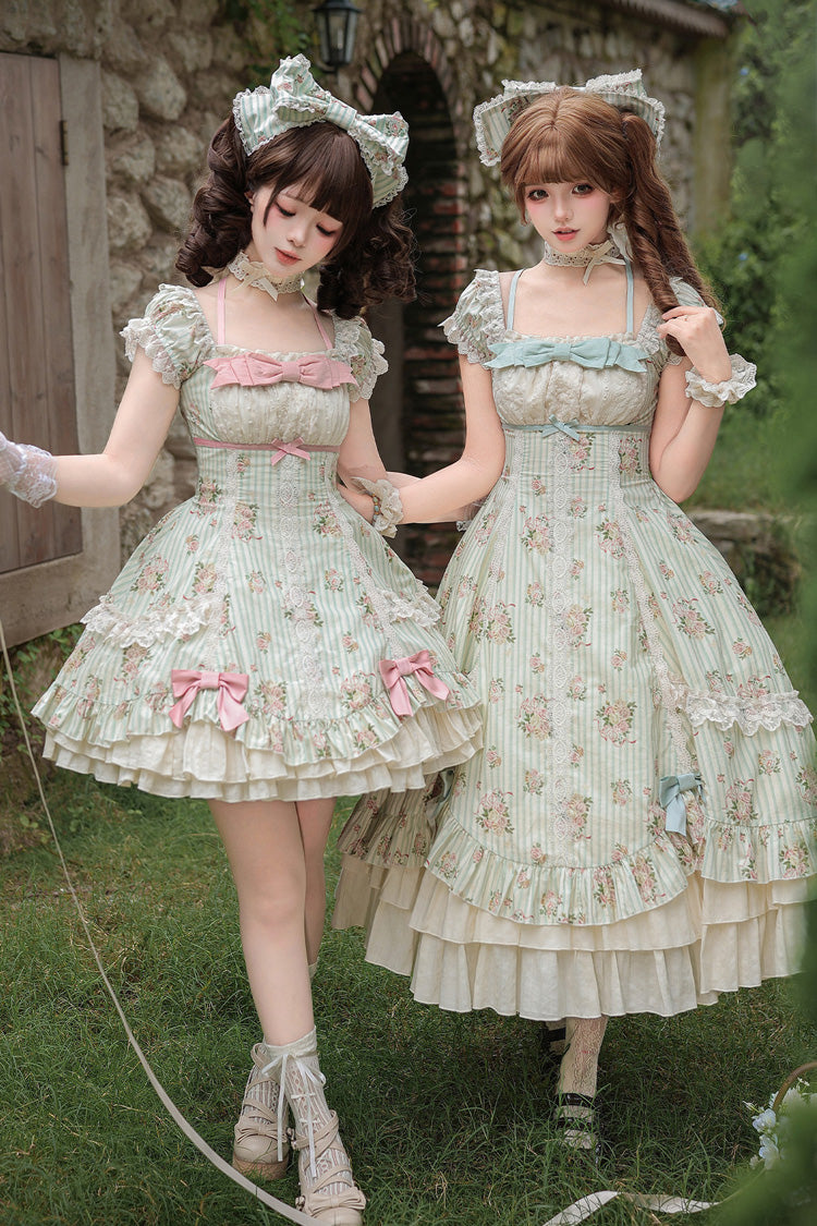 Grün [Eine Begegnung mit Austin] Süßes Lolita-Kleid mit quadratischem Kragen und kurzen Ärmeln, mehrlagig, mit Rosenmuster, Rüschen, Schleife und Spitze, 2 Versionen