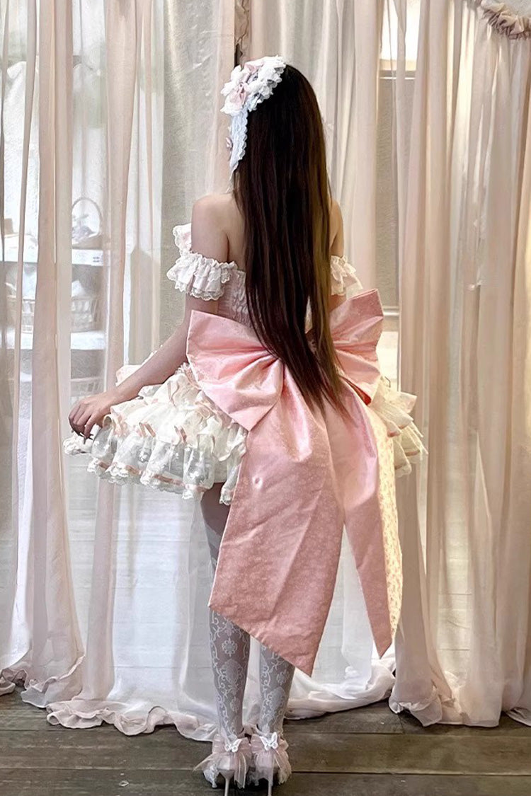Pink [Flower Language of Eros] Halterneck Multi-Layered Ruffle Bowknot Rose Lace Lace-Up Sweet Ballet Lolita Jsk Dress