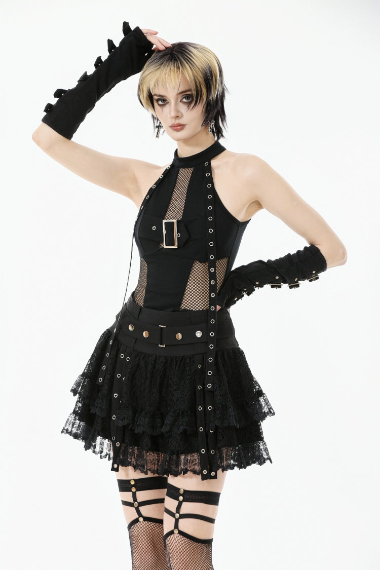 Haut punk noir à épaules dénudées et col licou sans manches en maille avec sangle à œillets pour femmes