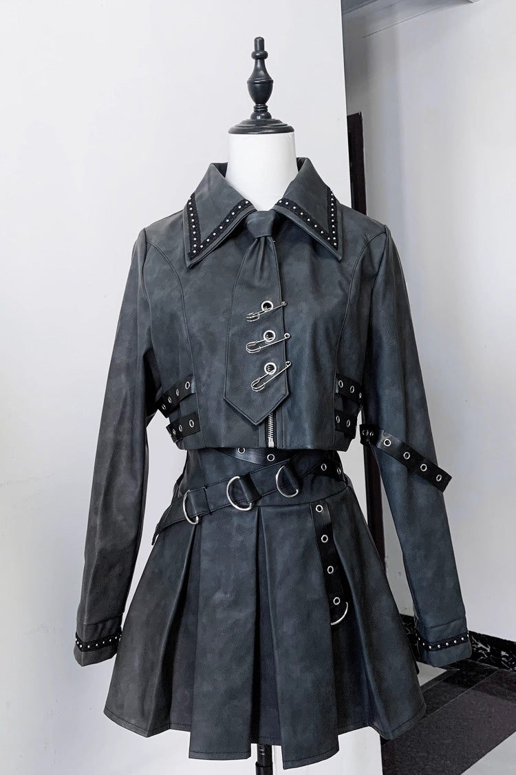 ブラック [Eternal Night of Bones] ラペルカラー 長袖 スタッズ アイレット ゴシック ジライケイ 日本のハンサムなトップスとスカートのセット