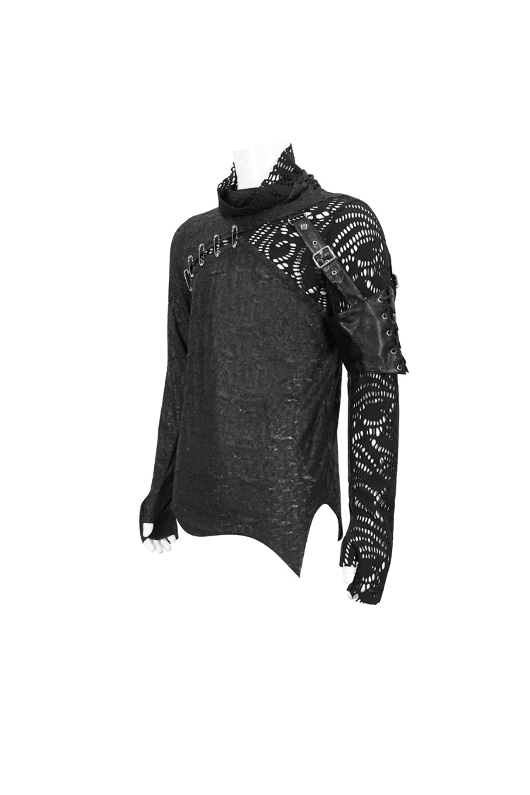 Black Fashion Printed Fabric Stitching Ripped Mesh Detachable Long Sleeve Men's Punk T-Shirt