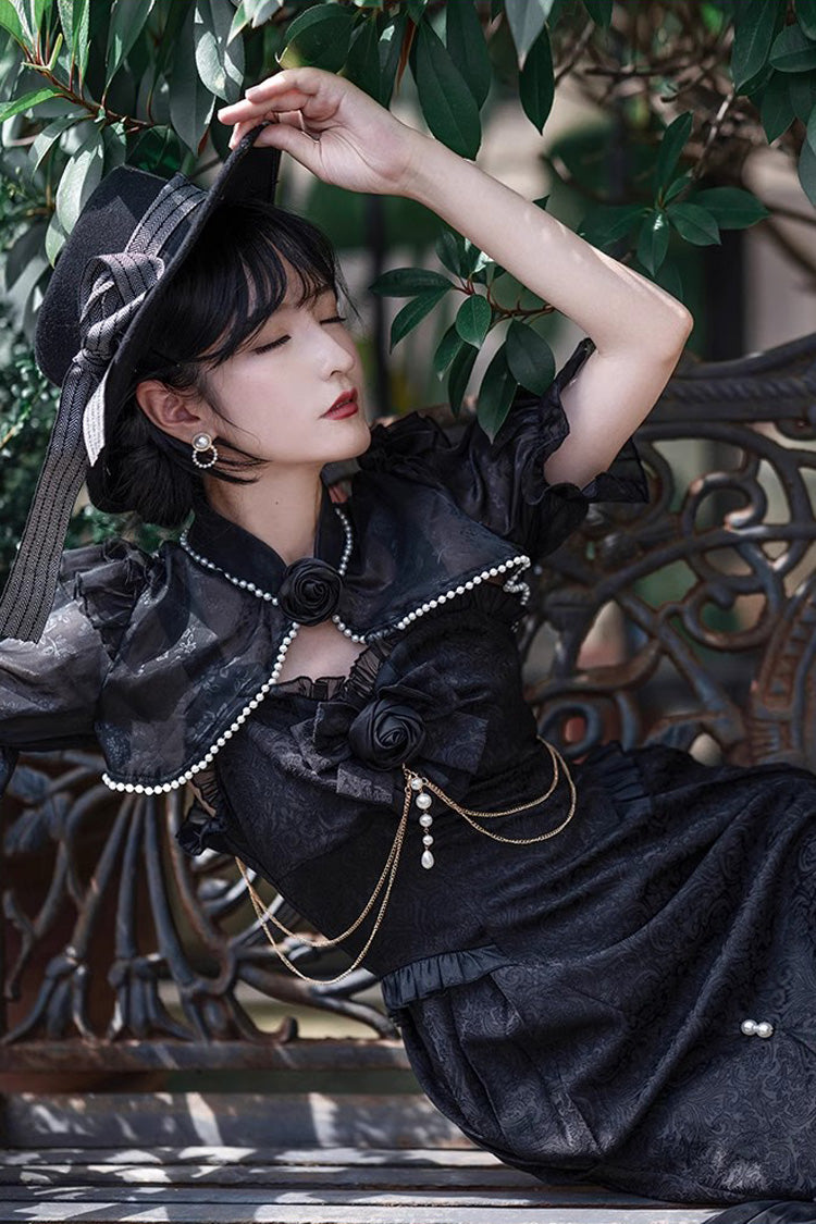 Black [Camellia 1.0] Sleeveless Jacquard Ruffle Lace Gothic Chinese Style Lolita Jsk Fishtail Dress