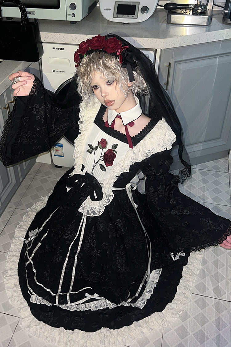 Black [Rose Choir] Double-Layered Ruffle Embroidery Bowknot Lace Gothic Elegant Nun Lolita Dress