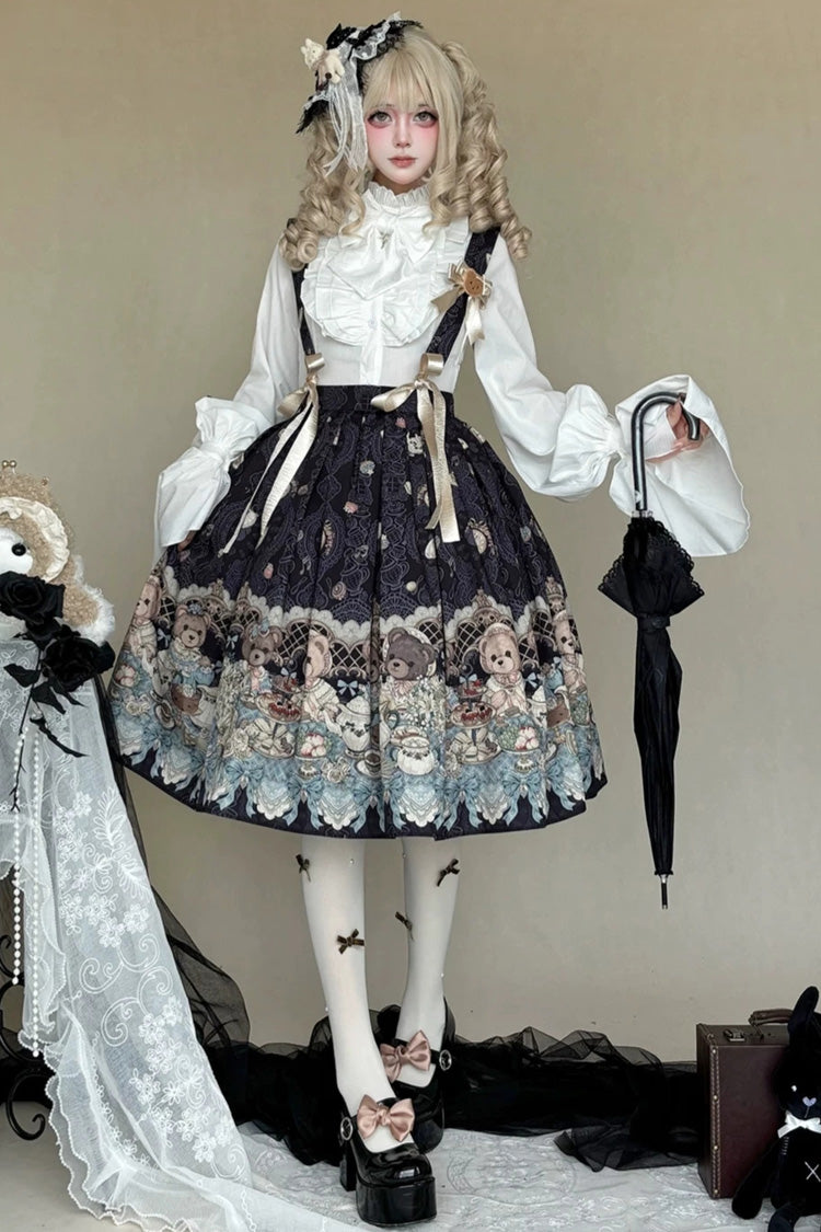[Teddy Bear Tea Party] Jupe Lolita mignonne et mignonne à volants avec nœud imprimé sans manches, 4 couleurs (bleu marine, gris/rose, vin rouge, vert/gris)