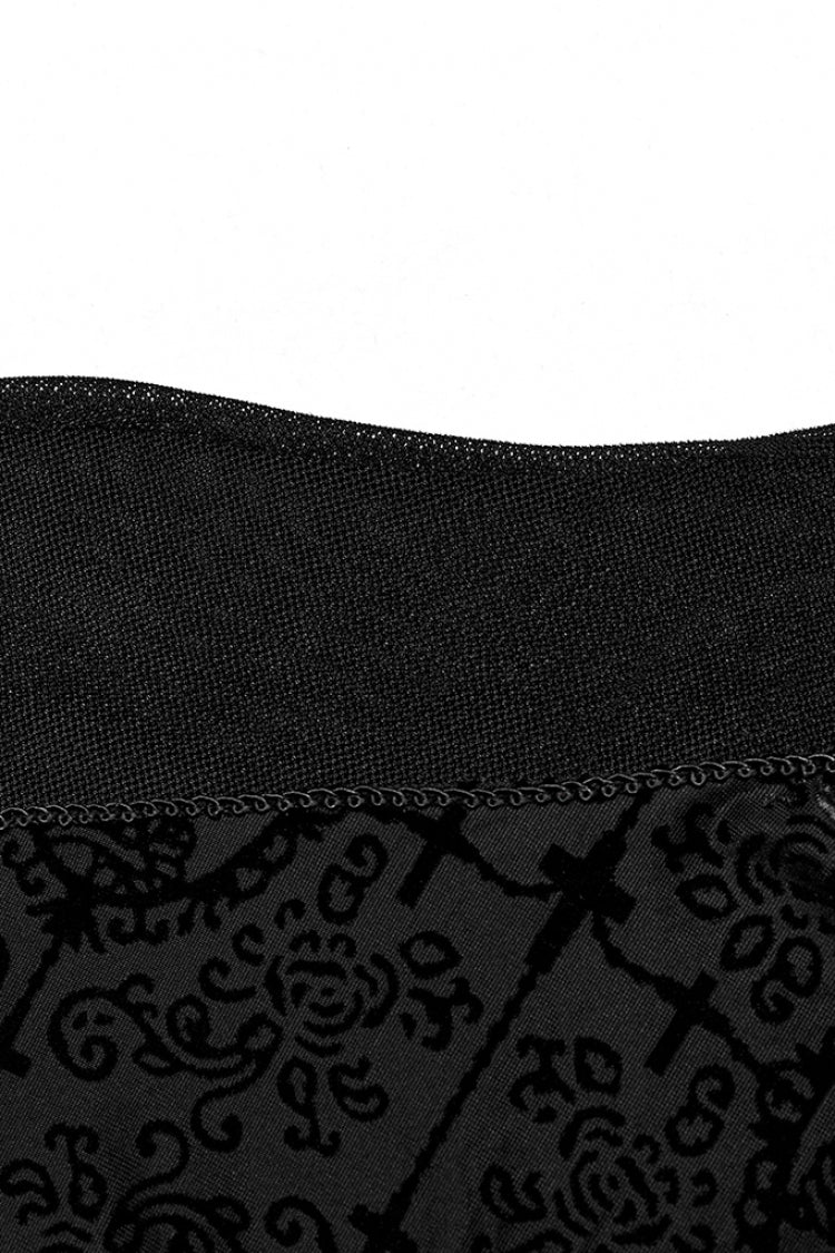 Schwarze Bluse mit Stehkragen, langen Ärmeln, Stickerei und Flockdruck im gotischen Stil für Herren 
