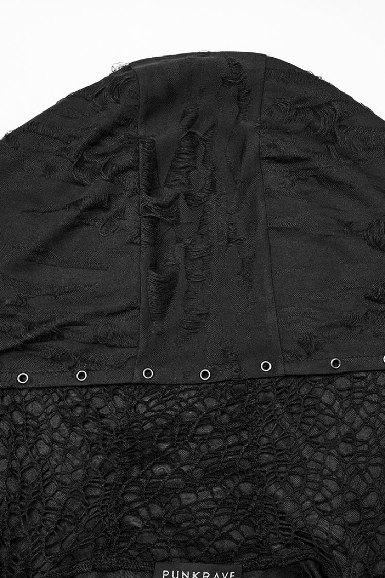 Black Long Sleeves Stitching Irregular Hooded Mesh Ripped Men's Gothic Coat