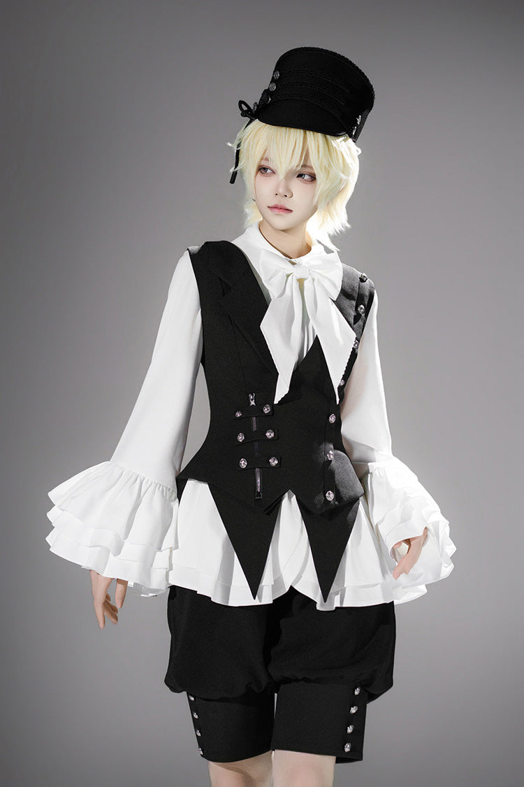 Schwarz [Ash] Reverskragen, lange Ärmel, gerüschte Schleife, klassisches Vintage-Elegantes Prinz-Ouji-Lolita-Blusen-Shorts-Westen-Set