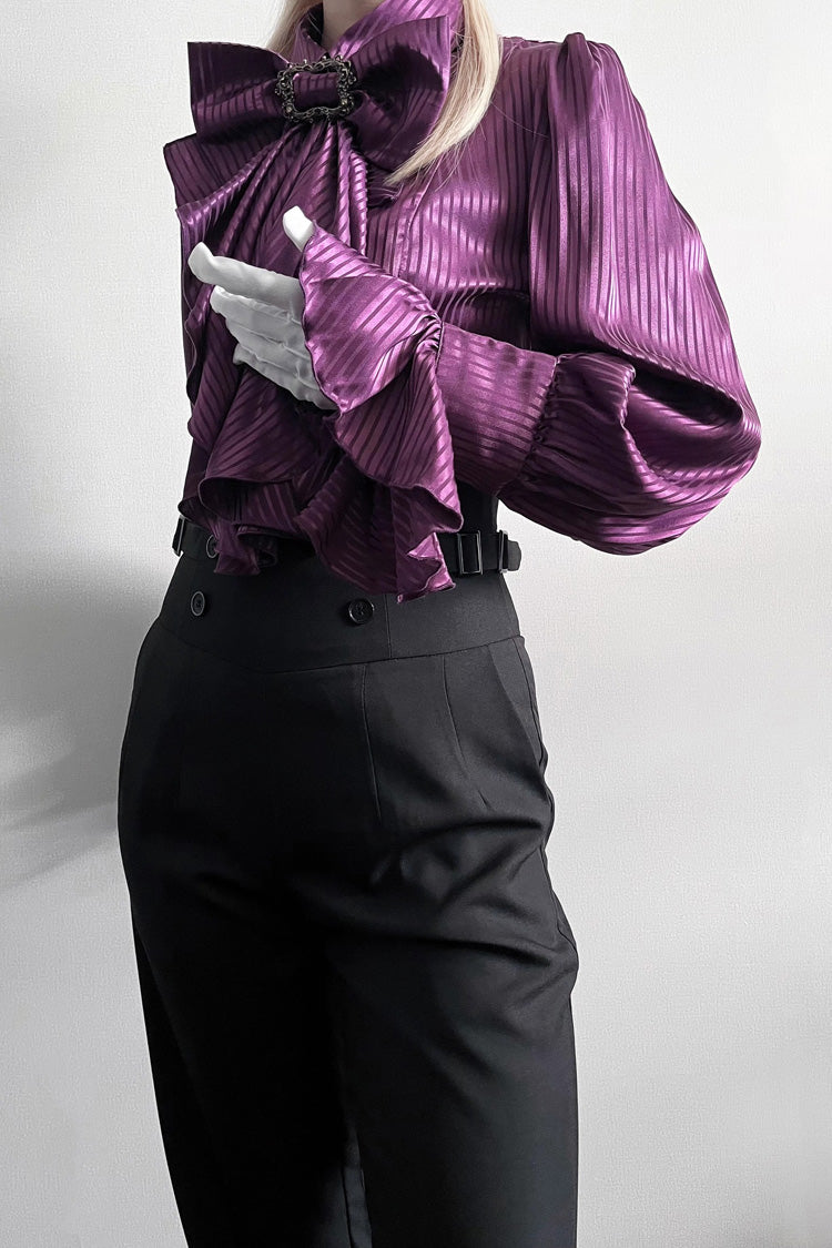 Moonstone Lapel Collar Long Sleeves Vertical Striped Print Ruffle Ouji Gothic Prince Lolita Blouse 3 Colors