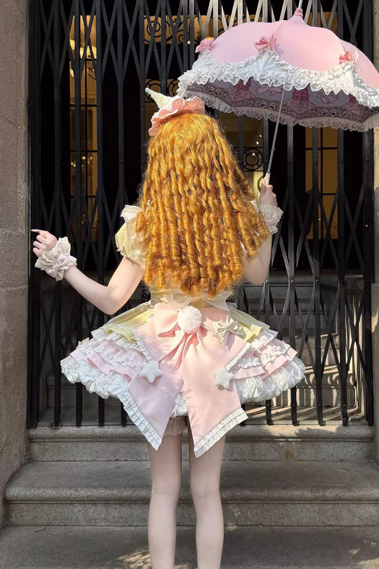 Yellow/Pink [Sweet Bunny Chef] Short Sleeves Multi-Layered Ruffle Bowknot Sweet Lolita Dress