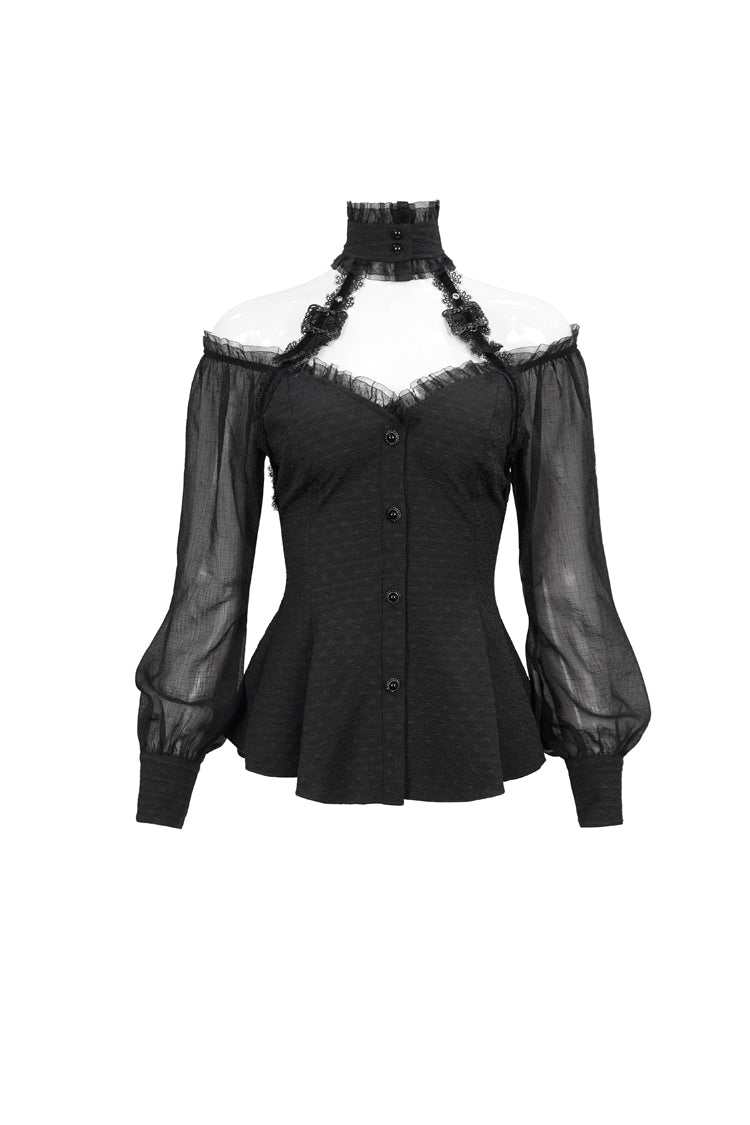 Schwarzes langärmliges Gothic-T-Shirt für Damen mit gewebtem Spitzenbesatz und verstellbarer Rückseite